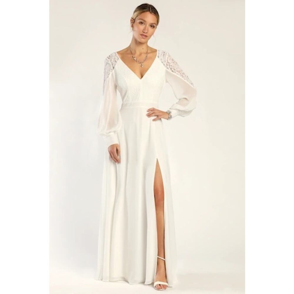 Lulu's White V-Neck Lace Paneled Maxi Dress with Sheer Bishop Sleeves